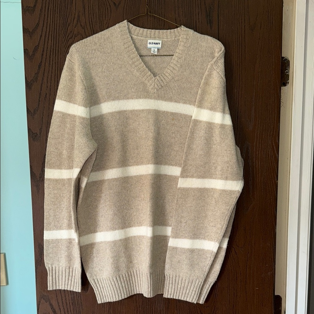 Old Navy Tan and White V-Neck Striped Sweater